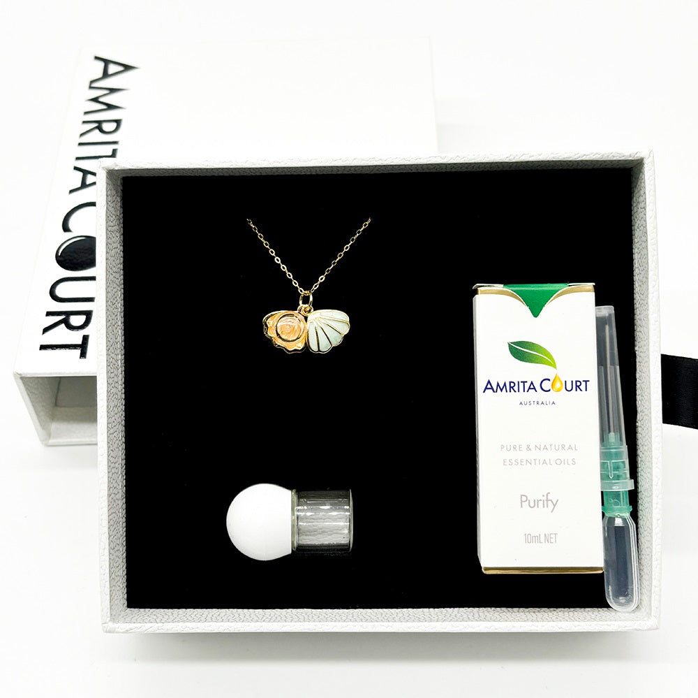 Gift Box - Aroma Necklace 925 Silver, Gold coated includes Purify Oil Blend
