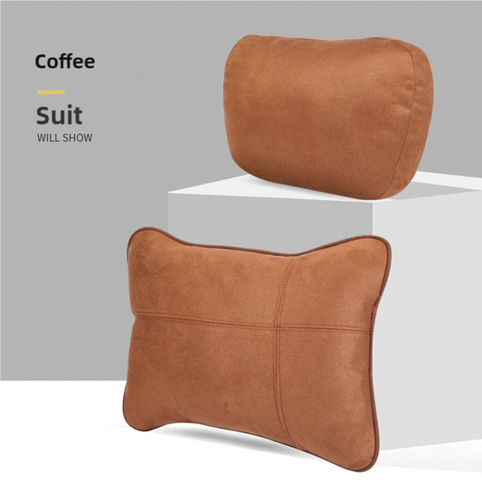 Coffee/Brown Luxury Eco-Friendly Suede Car Headrest and Lumbar Cushion Set – Ergonomic Support, All-Season Comfort, Adjustable Straps, and Durable Design for Cars, Office, and Home Use
